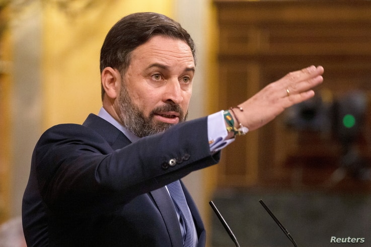 Santiago Abascal, leader of far-right party Vox, delivers his speech during a no confidence motion against the government at…