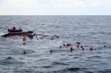 Refugees and migrants are rescued by members of the Spanish NGO Proactiva Open Arms, after leaving Libya trying to reach…