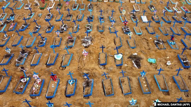 BRAZIL – Aerial view of an area at the Nossa Senhora Aparecida cemetery where new graves have been dug in Manaus amid the coronavirus pandemic, on May 22, 2020.
