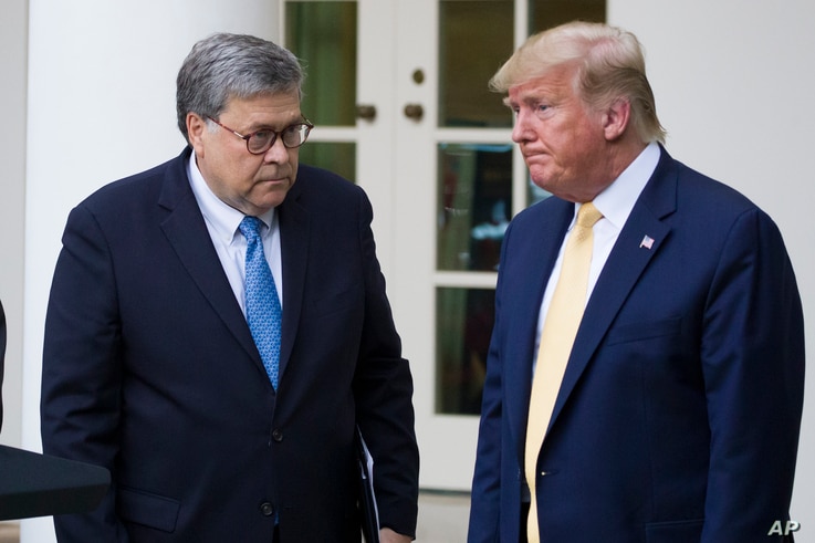 Attorney General William Barr, left, and President Donald Trump turn to leave after speaking about the 2020 census in the Rose…