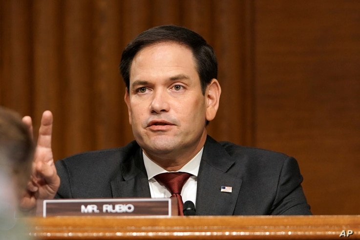 Sen. Marco Rubio, R-Fla., asks a question to Secretary of State Mike Pompeo during a Senate Foreign Relations committee hearing…