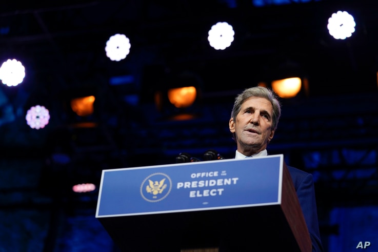 President-elect Joe Biden's climate envoy nominee former Secretary of State John Kerry speaks at The Queen theater, Tuesday,…
