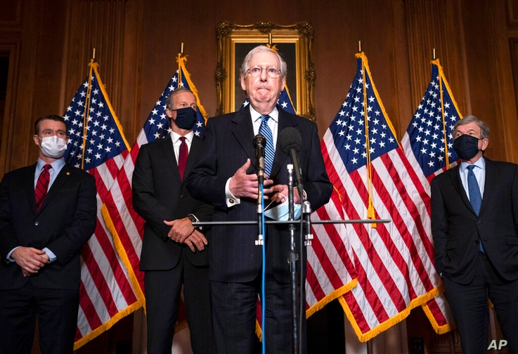 Senate Majority Leader Mitch McConnell of Kentucky, speaks to the media after the Republican's weekly Senate luncheon, Tuesday,…