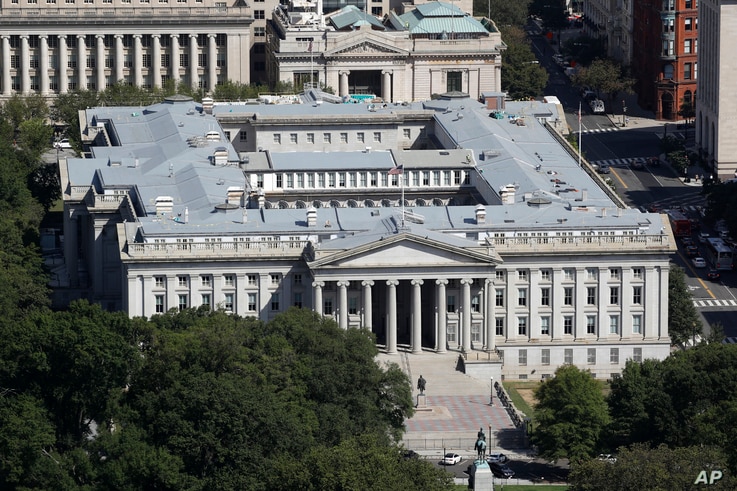 FILE - The U.S. Treasury Department building viewed from the Washington Monument, Sept. 18, 2019, in Washington.