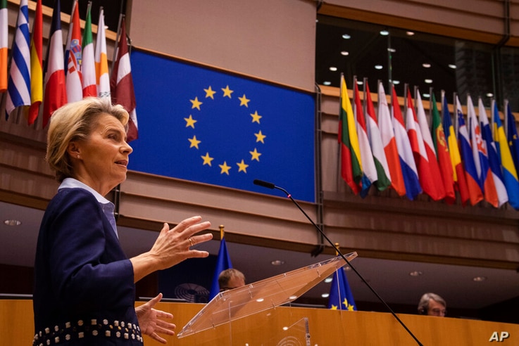 European Commission President Ursula von der Leyen addresses European lawmakers during a plenary session at the European…