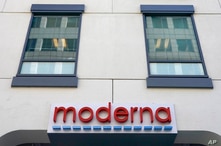 FILE - In this Dec. 15, 2020, file photo, a sign for Moderna, Inc. hangs on its headquarters in Cambridge, Mass. The U.S. is…