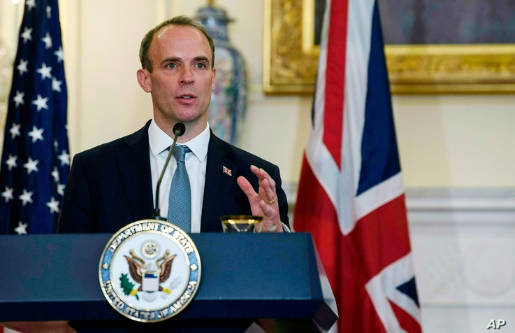 British Foreign Secretary Dominic Raab speaks at a press conference with Secretary of State Mike Pompeo at the State Department…