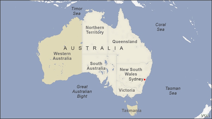 Map of Australia, featuring Sydney, Western Australia, and Tasmania