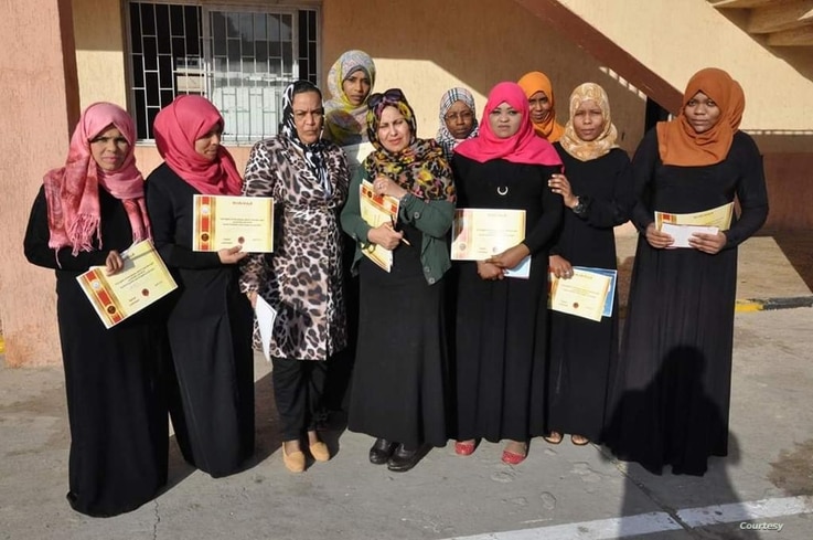 Libya's National Commission for Human Rights meets with a group of displaced women in the city of Tawargha, to raise awareness about the importance of women's participation in the political process. (Photo credit: Zahia Faraj Ali)