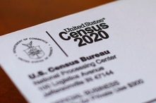 FILE - An envelope contains a 2020 census letter mailed to a U.S. resident in Detroit, Michigan, April 5, 2020.