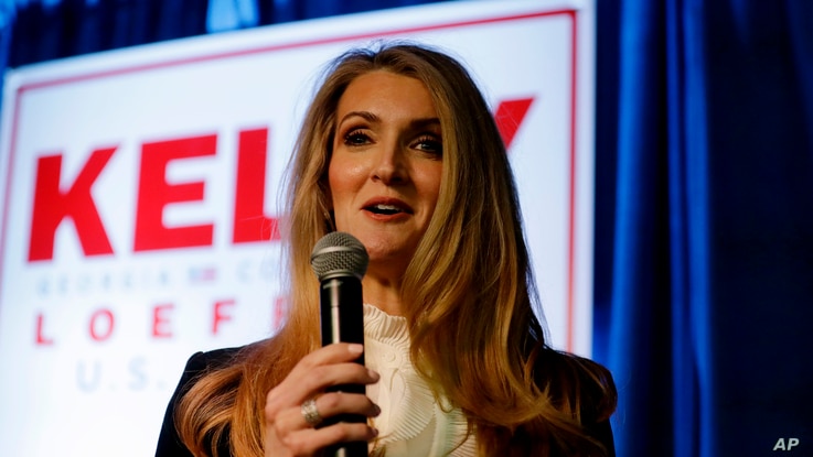 FILE - Senator Kelly Loeffler, a Republican from Georgia, speaks during a re-election campaign rally in Marietta, Georgia, March 9, 2020. 