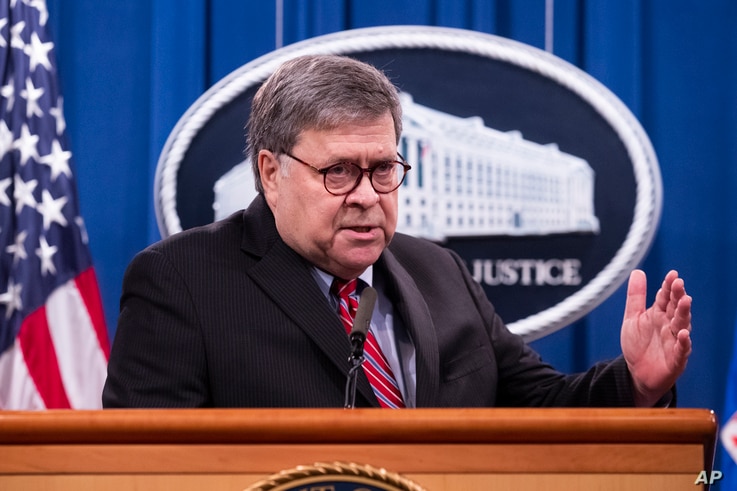 Attorney General William Barr speaks during a news conference, Dec. 21, 2020 at the Justice Department in Washington.
