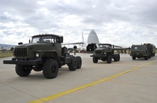 Military vehicles and equipment, parts of the S-400 air defense systems, are seen on the tarmac, after they were unloaded from a Russian transport aircraft, at Murted military airport in Ankara, July 12, 2019.