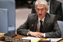 Mark Lowcock, the U.N. Humanitarian Affairs Emergency and Relief Coordinator, address United Nations Security Council with a…