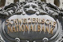 Swiss National Bank logo is pictured on SNB building in Bern