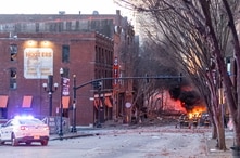 Debris litters the road near the site of an explosion in the area of Second and Commerce in Nashville