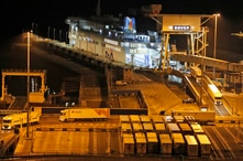 Lorries disembark the first ferry that arrived after the end of the transition period with the EU at the port in Dover, Friday,…