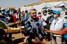 The United Nations High Commissioner for Refugees (UNHCR) Filippo Grandi talks to members of the media during his visit to the…