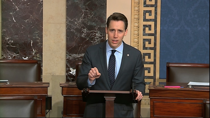 In this image from video, Sen. Josh Hawley, R-Mo., speaks on the Senate floor about the impeachment trial against President…