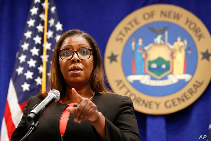 FILE - In this Aug. 6, 2020 photo, New York State Attorney General Letitia James listens to a question at a press conference in New York City.