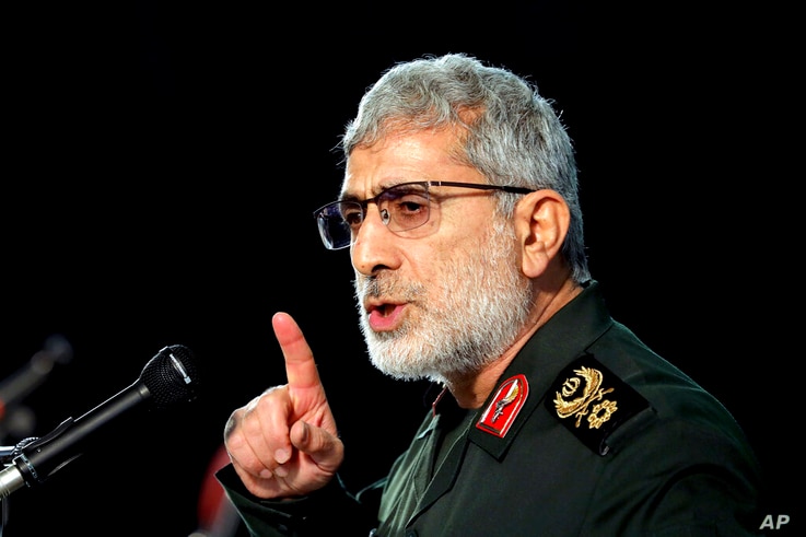 Gen. Esmail Ghaani, Soleimani's successor as the new head of Quds Force speaks during a ceremony on the occasion of first…