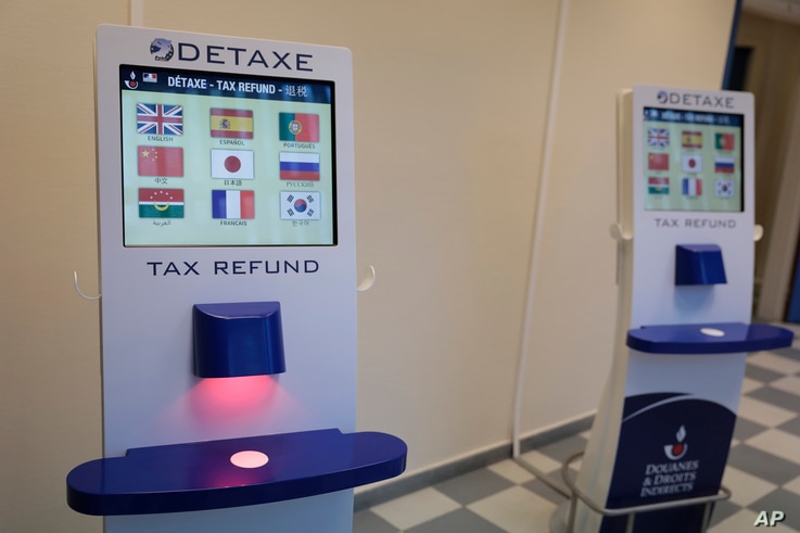 Tax refund electronic machines are displayed Friday Jan.1, 2021 in the port of Calais, northern France.