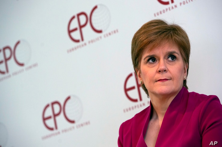 FILE - In this Feb. 10, 2020, file photo, Scotland's First Minister Nicola Sturgeon speaks during an event 'Scotland's European…