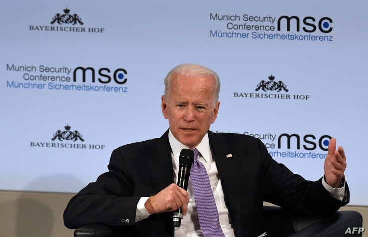 FILE - Former U.S. Vice President Joe Biden speaks during a panel discussion at the annual Munich Security Conference, in Munich, Germany, Feb. 16, 2019.