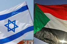 FILE - A combination of photos shows an Israeli flag, left, during a rally in Tel Aviv, Sept. 19, 2020, and a Sudanese flag during a gathering east of the capital Khartoum, June 3, 2020.