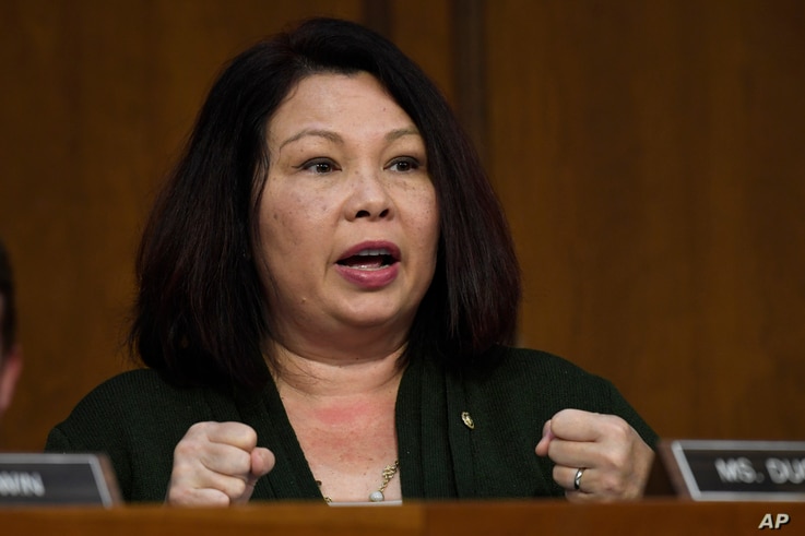 Sen. Tammy Duckworth, D-Ill., asks a question of Boeing Company President and Chief Executive Officer Dennis Muilenburg on Capitol Hill, Oct. 29, 2019, during a Senate Committee on Commerce, Science, and Transportation hearing.