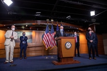 House Majority Leader Steny Hoyer speaks, accompanied by other Democratic House members, during a news conference on Capitol Hill, after a meeting at the White House, in Washington, June 30, 2020. 