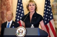 FILE - In this Sept. 21, 2020, file photo, U.S. Ambassador to the United Nations Kelly Craft speaks during a news conference at…